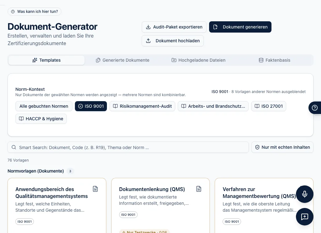 Dokumente in aicerto: Vorlagen-Übersicht mit QM-Handbuch, Prozesshaus und Risikobewertung