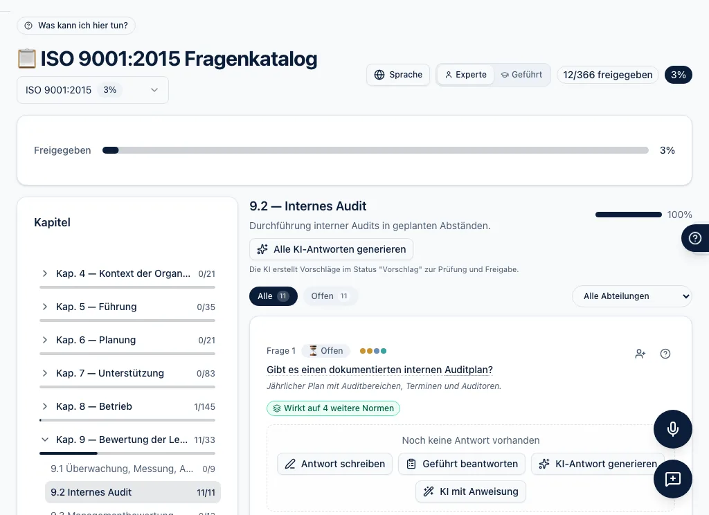 Fragenkatalog ISO 9001 in aicerto: Kapitel 9.2 mit beantworteten Fragen, Qualitäts-Score und Nachweisen