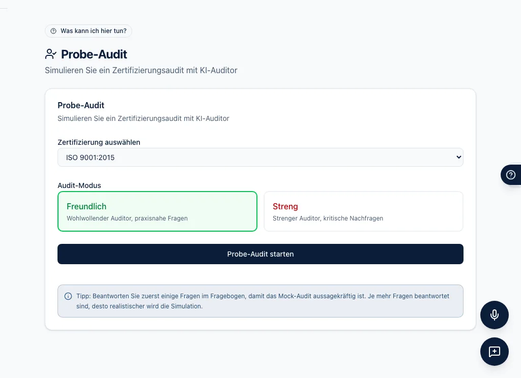 Mock-Audit in aicerto: Auswahl von Norm und Auditor-Stil vor dem simulierten Audit