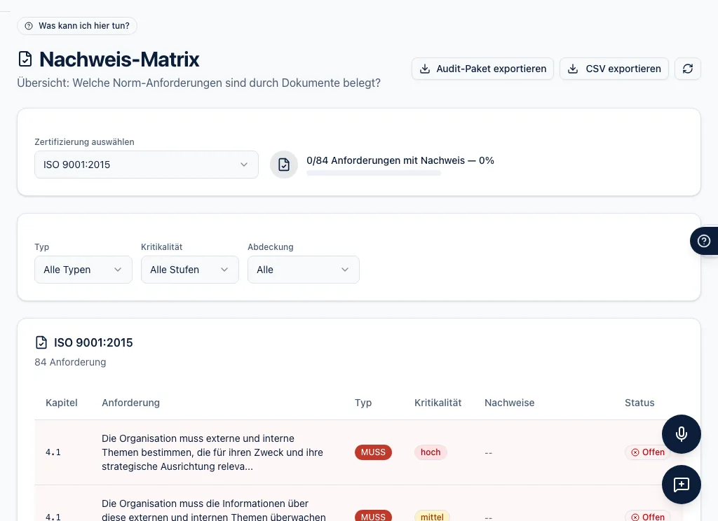 Nachweis-Matrix in aicerto: Anforderungen in Zeilen, Dokumente in Spalten, Lücken markiert