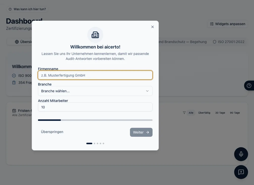 Onboarding-Dialog in aicerto: Schritt-für-Schritt-Einrichtung mit Unternehmensprofil und Normauswahl